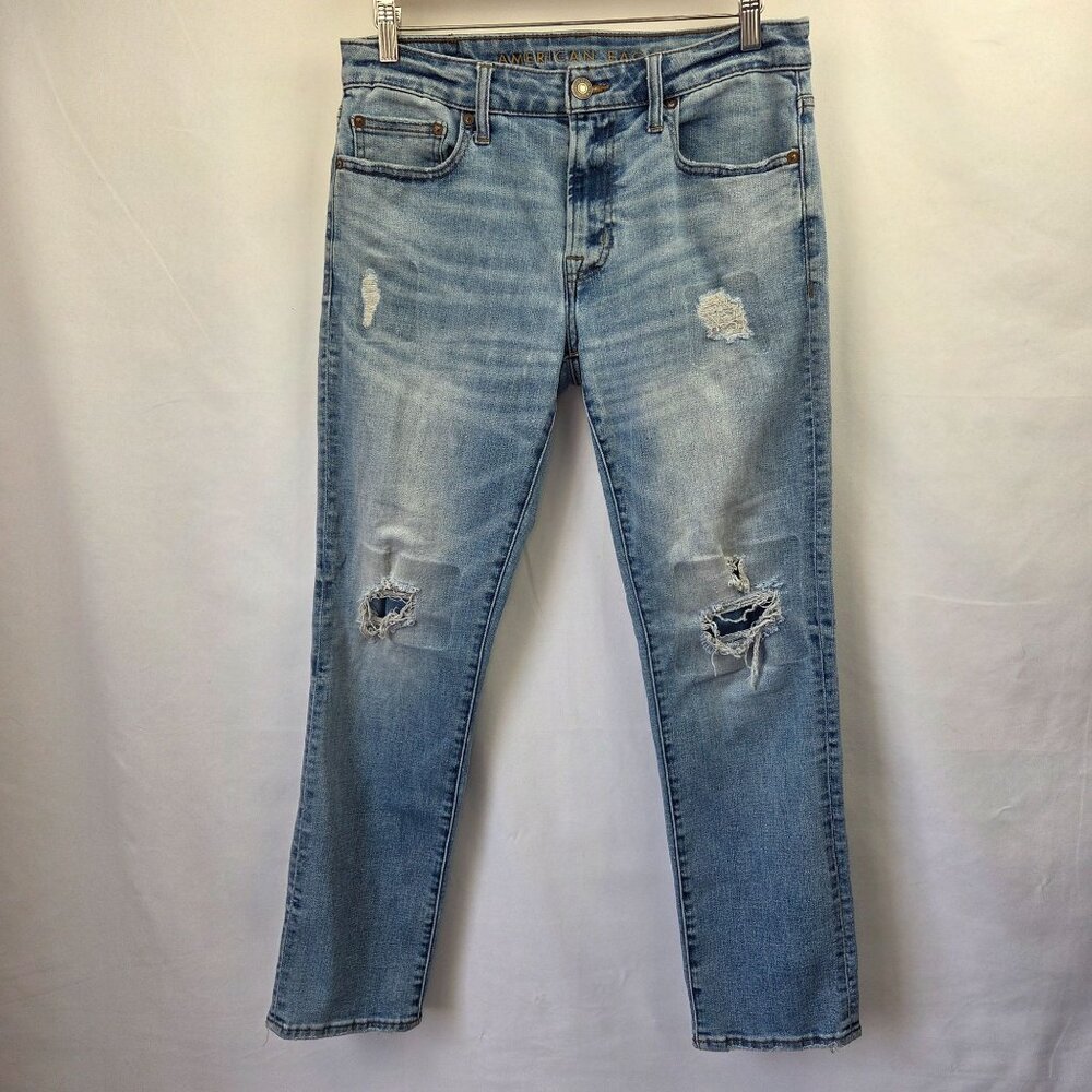 American Eagle Slim Straight Light Wash Distressed Mens Jeans Size 32x28